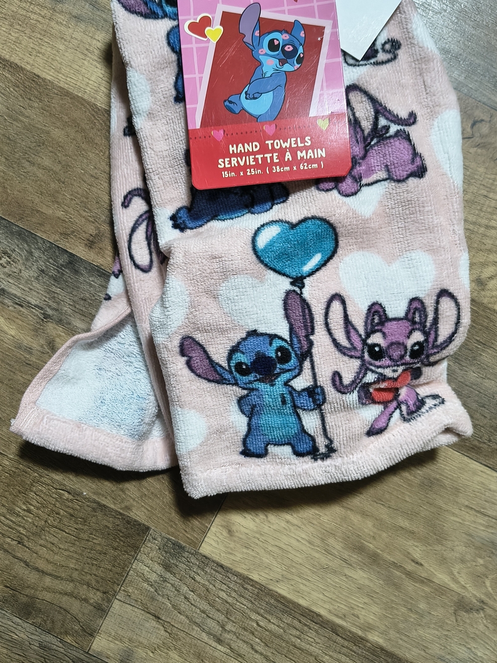 Disney Pink Hand Towel with Blue Stitch and Purple Angel Design